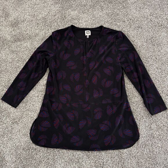 Anne Klein Leaves Fan Pattern Pullover Tunic Black Blouse Top Size Medium - Picture 2 of 11